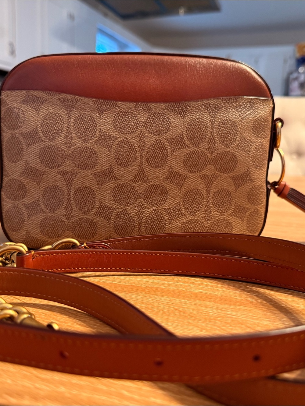 Coach Brown/Tan Signature Canvas camera Crossbody with Leather Trim